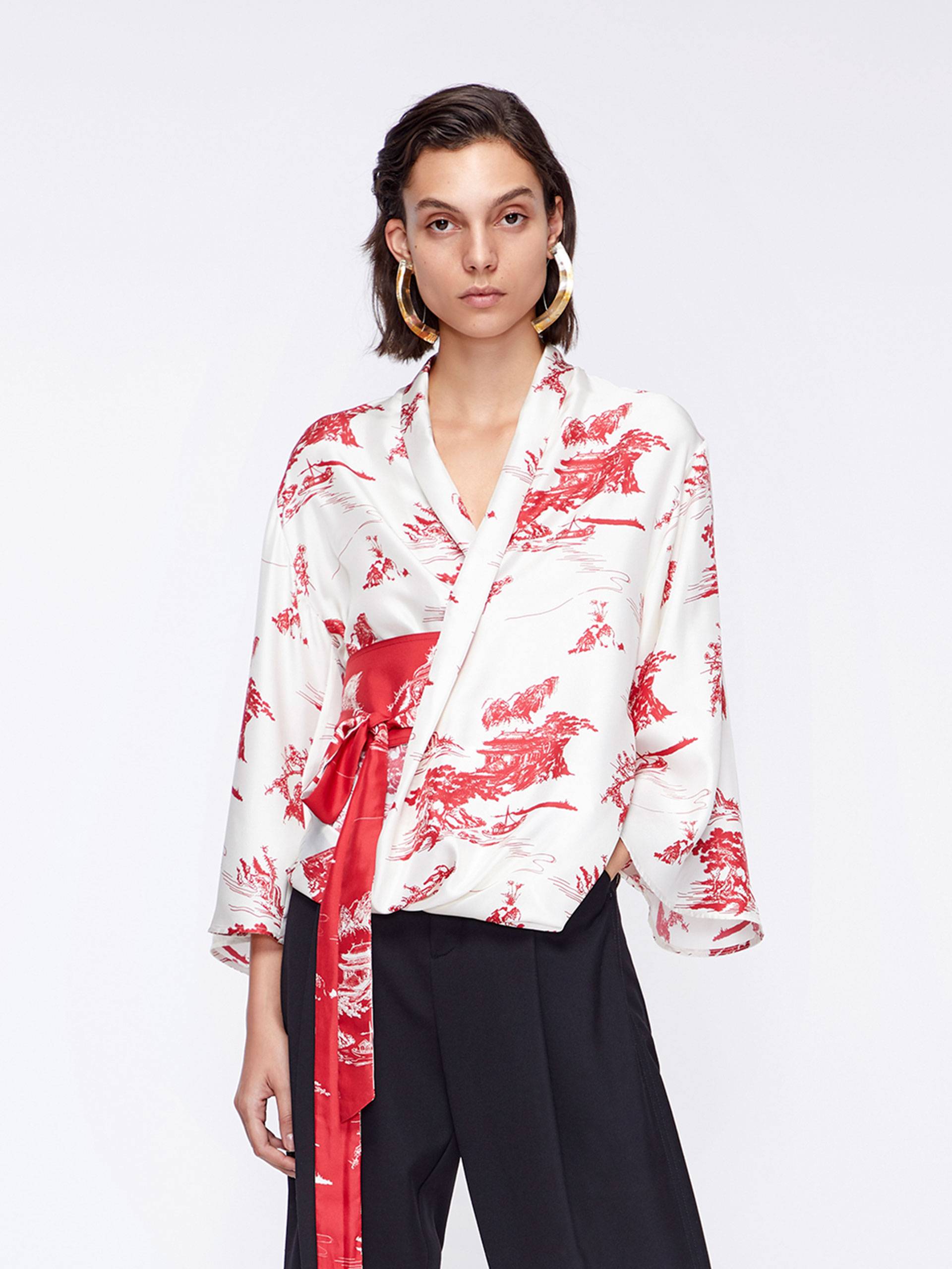 「冬季新品」亭台楼阁印花和服袖开襟上衣